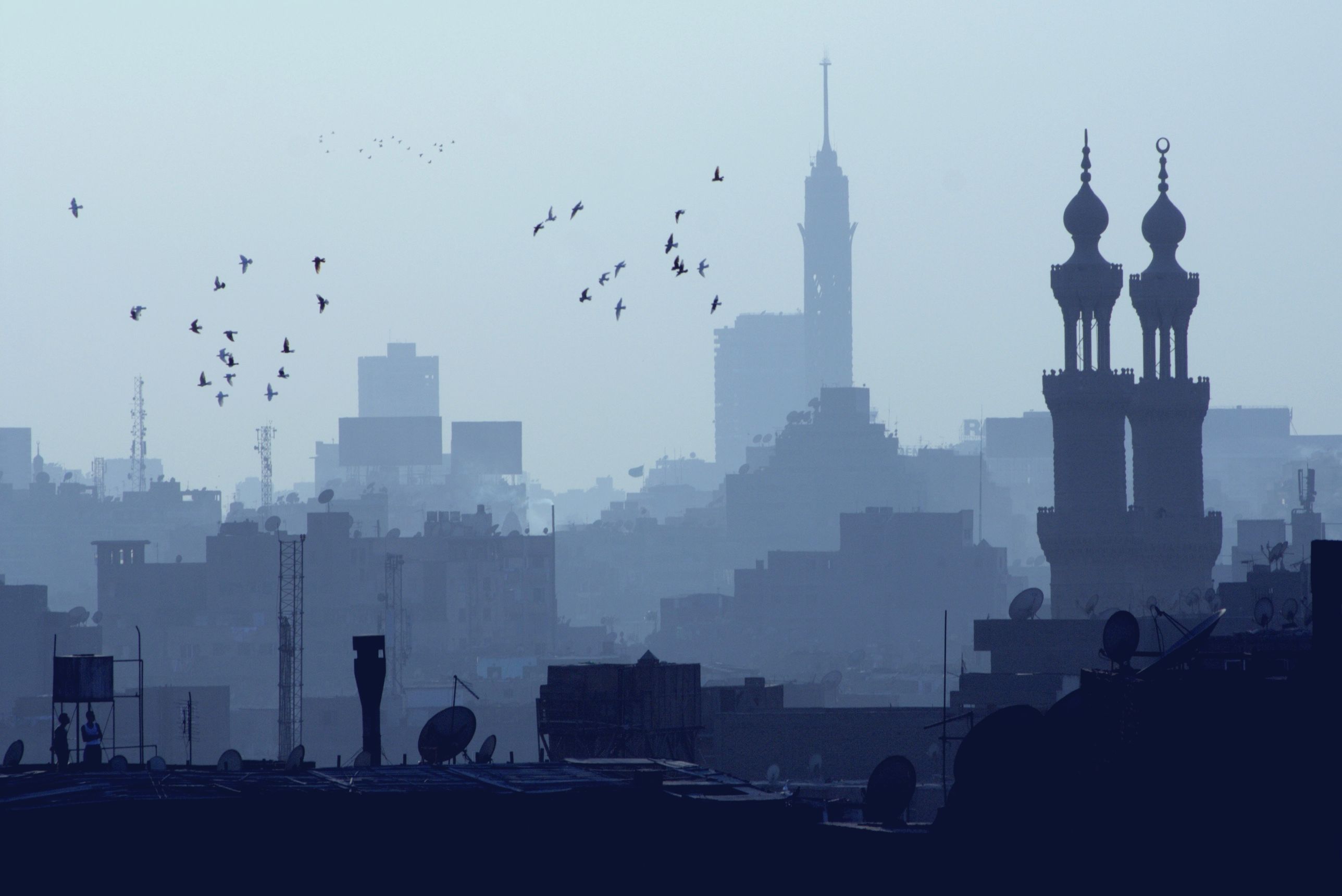 Cairo at dusk: twin minarets, rooftops and Cairo Tower in the haze, pigeons over the city